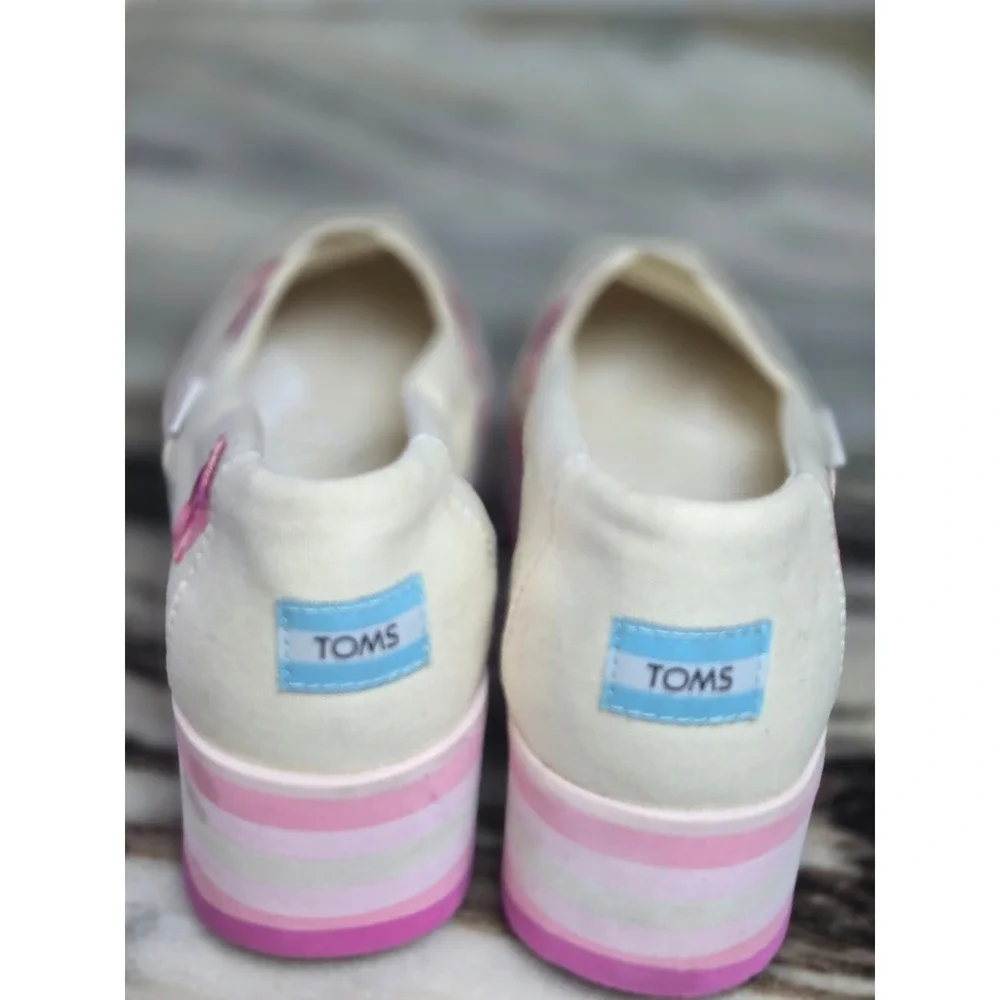 TOMS Alpargata Platform Shoes Cream Canvas Pink Floral‎ Embroidered Slip On 8.5